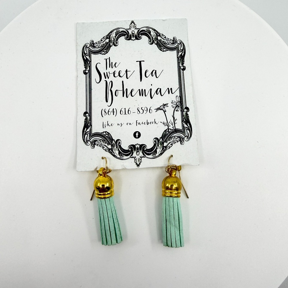 Mint Green Suede Tassel Earrings Gold Tone Boho Chic Lightweight Jewelry